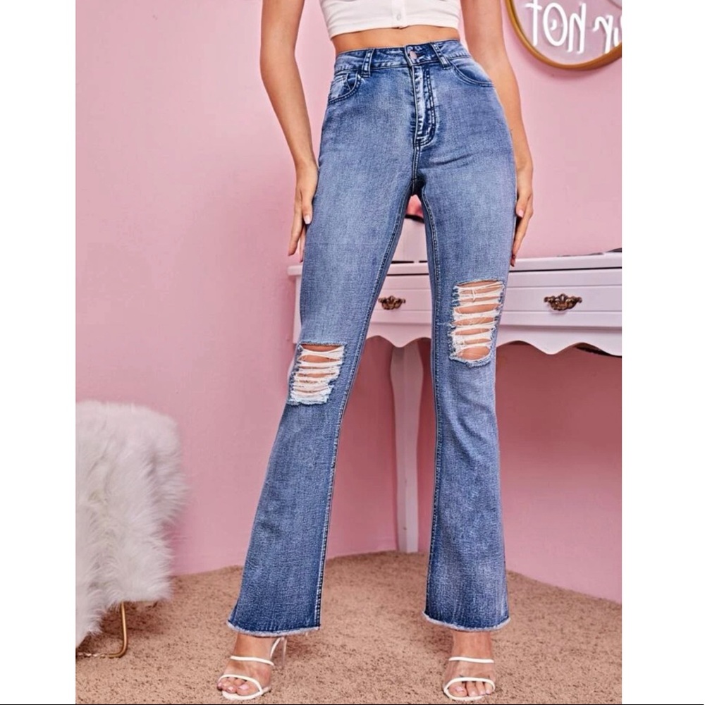 High Waist Ripped Raw Hem Flare Leg Jeans!